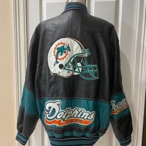 VTG 90’s CARL BANKS NFL MIAMI DOLPHINS LEATHER  MOTO JACKET SZ XL FAN BIKER CORE